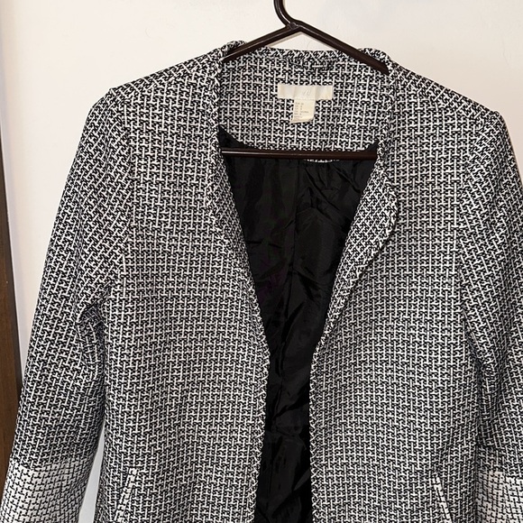 BLACK/CREAM blazer H&M Textured Weave Long Sleeve Lined Jacket Womens Sz 8 - Picture 8 of 12